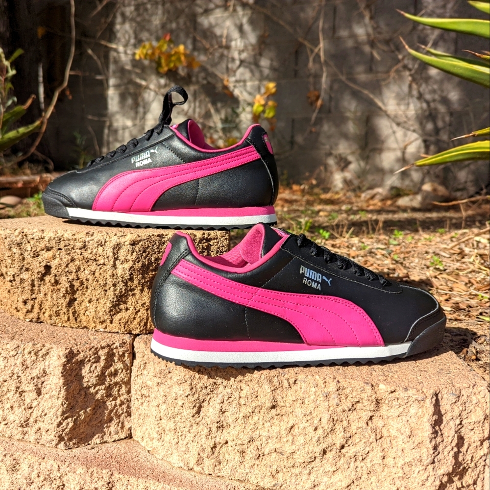 Puma Roma Basic Black Pink Low Lace Up Womens Trainers Size 9